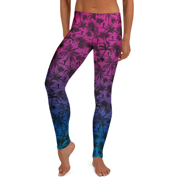 SUP paddle surf leggings in pink to blue gradient (ombre) smooth microfiber, four-way stretch, elastic waistband, UPF 50+.