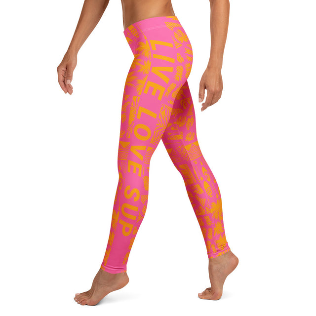 SUP Hawaiian Lifestyle Pink & Orange Paddle Surf Leggings – smooth microfiber, four-way stretch, elastic waistband, UPF 50+.