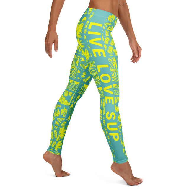 Neon yellow and turquoise SUP paddle-print leggings – 82% polyester, 18% spandex microfiber, UPF 50+, four-way stretch, elastic waistband.