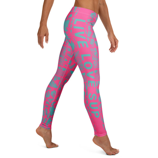 SUP Hawaiian Lifestyle Pink & Turquoise Paddle Surf Leggings – four-way stretch microfiber, UPF 50+ sun protection, paddle design.