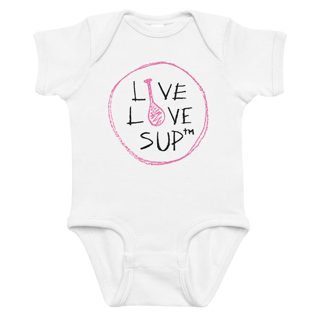 Infant onesie with a pink crayon-style “SUP” logo, made from soft 100% combed ring-spun cotton in 1×1 baby rib. Features lap shoulders and reinforced three-snap closure for easy changes.