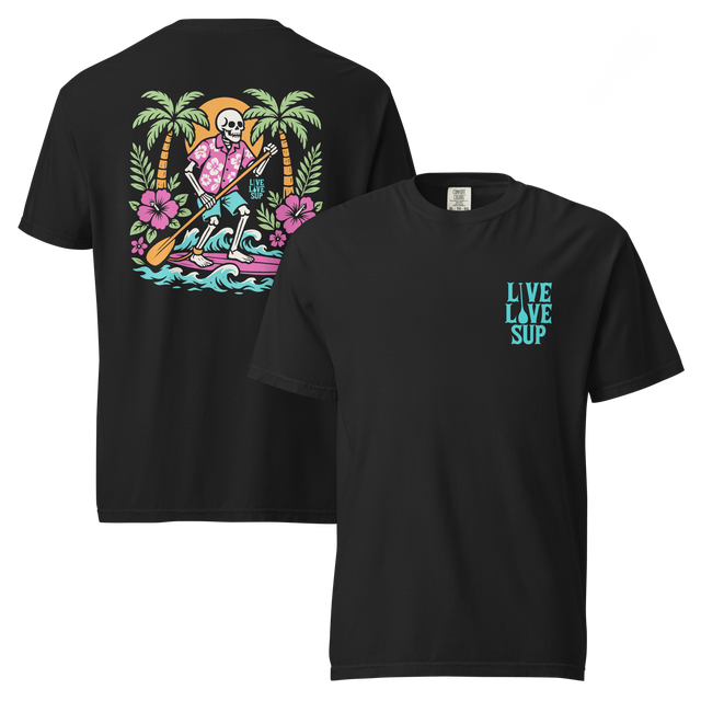 Unisex Surf Skeleton Flowers Premium T-shirt Garment Dyed I Live Love SUP