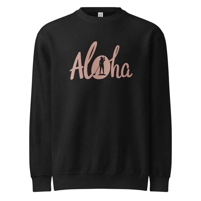 Women’s Aloha SUP Paddler Premium Crew Neck Sweatshirt in black soft fleece, Aloha SUP graphic (if visible), regular unisex fit.