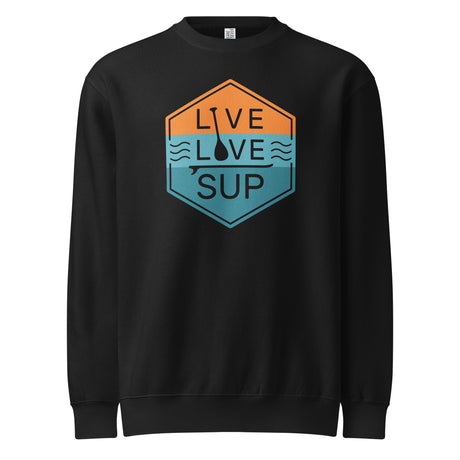 Unisex SUP Badge Premium Crew Neck Sweatshirt in black 80% cotton, 20% recycled polyester, ribbed cuffs, and waistband.