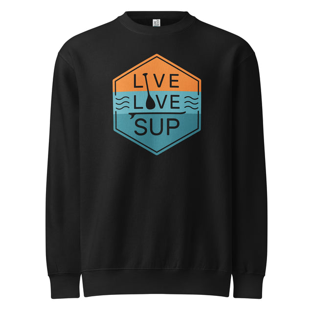 Unisex SUP Badge Premium Crew Neck Sweatshirt in black 80% cotton, 20% recycled polyester, ribbed cuffs, and waistband.