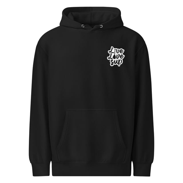 Unisex SUP Logo Premium Hoodie in black 80% cotton, 20% recycled polyester, kangaroo pocket, ribbed cuffs.