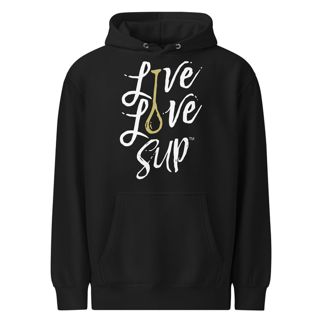 Black Unisex Handwritten SUP Logo Hoodie eco-friendly cotton-blend fleece with handwritten SUP script logo, front view.