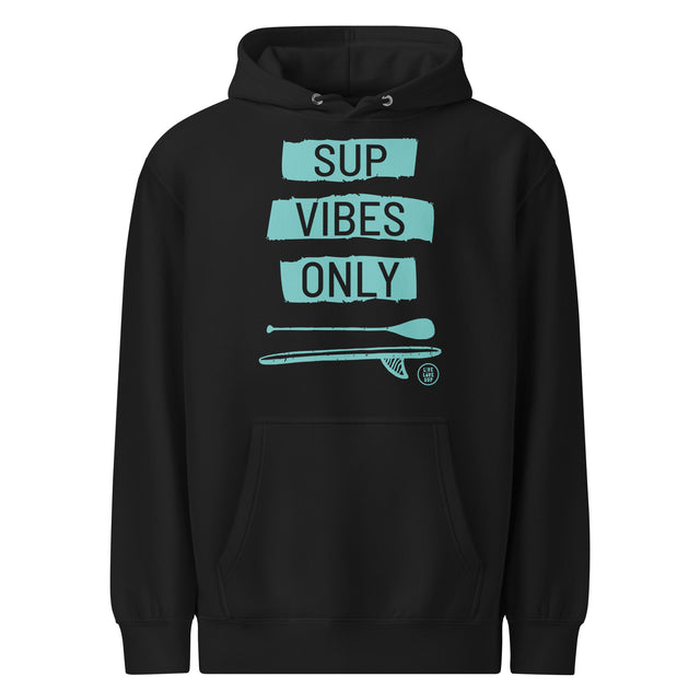 Unisex ‘SUP Vibes Only’ Hoodie in black with centered logo, front view eco-friendly cotton-blend fleece.