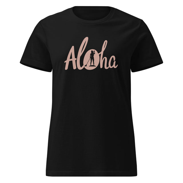 Women’s SUP Aloha Paddler Classic Tee in black semi-fitted ring-spun cotton with SUP Aloha graphic, sleek neckline, front view.