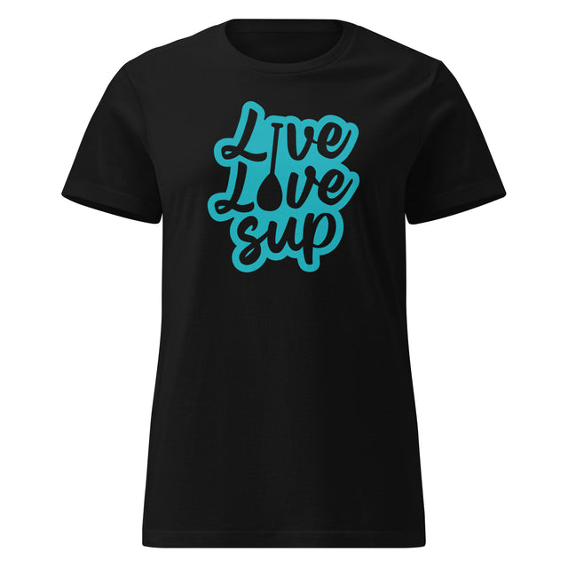 Women’s Live Love SUP Logo Classic T-shirt in black 100% ring-spun cotton, semi-fitted silhouette, narrow-width rib collar.