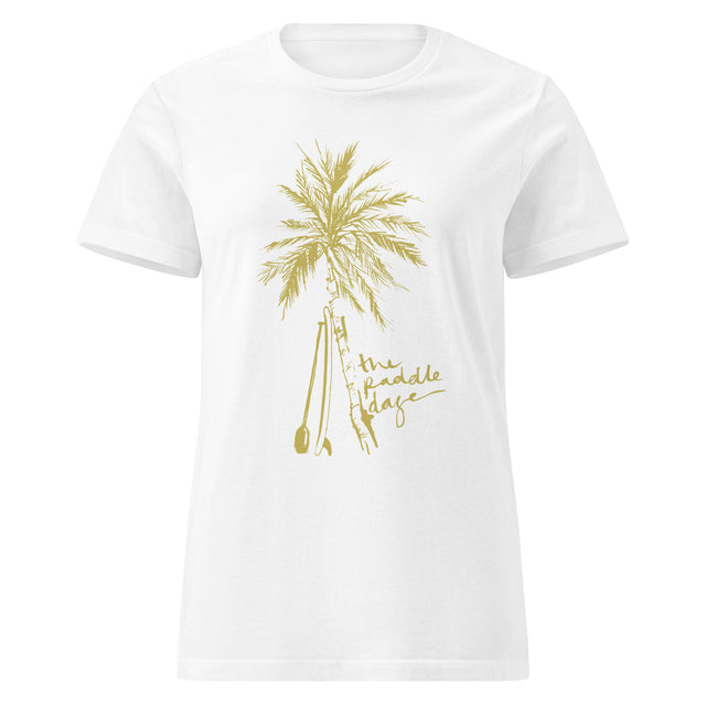 “Women’s Live Love SUP Logo Softstyle T-Shirt in white semi fitted, lightweight ring-spun cotton with Live Love SUP logo, front view.