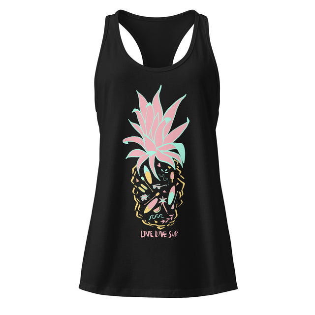 Women’s Pineapple SUP Fitted Racerback Tank Top soft breathable jersey with pineapple SUP graphic, scoop neck and racerback silhouette.