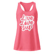 Women’s Live Love SUP Logo Fitted Racerback Tank Top in hot pink 60% combed ringspun cotton, 40% polyester, scoop neck, racerback design.