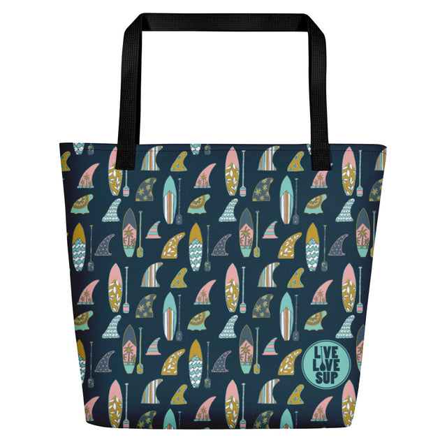 Live Love SUP navy beach bag with hand-drawn board and paddle design 100% polyester, cotton webbing handles, large inside pocket, load limit 44 lbs