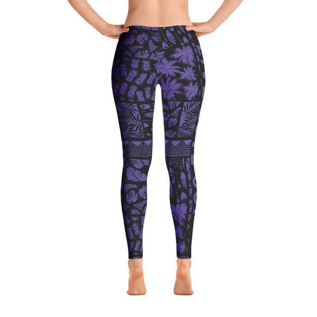 Purple paddle surf leggings with SUP board and paddle print on both legs, four-way stretch polyester/spandex fabric, and elastic waistband crafted for active water sports.