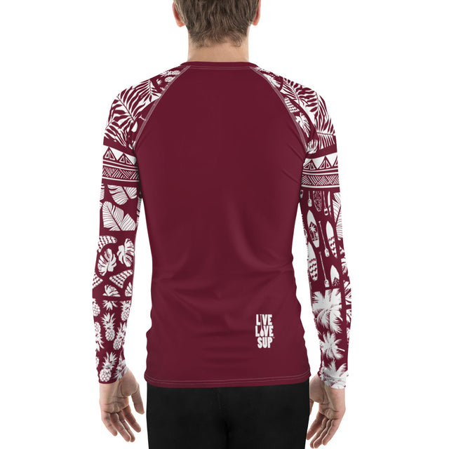 Men’s Hawaiian Lifestyle Maroon Rash Guard – UPF 40 Sun Protection | Long-Sleeve Performance Swim Shirt