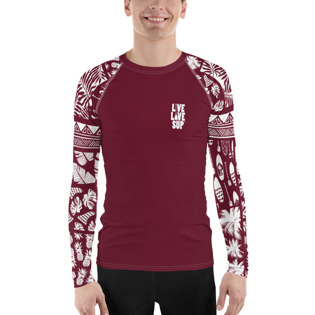 Men’s long-sleeve maroon Hawaiian striped rash guard in UPF 40 fabric, offering sleek four-way stretch and ergonomic seams for paddle-friendly coverage.