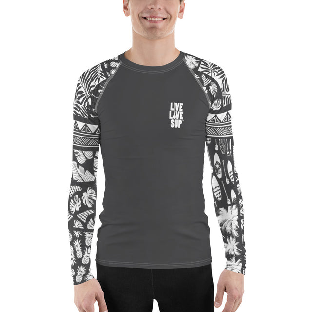 Men’s long-sleeve Hawaiian-striped rash guard in grey with UPF 40 sun protection, featuring a fitted design with ergonomic seams and extended coverage.