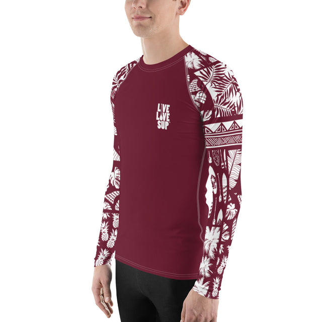 Men’s Hawaiian Lifestyle Maroon Rash Guard – UPF 40 Sun Protection | Long-Sleeve Performance Swim Shirt