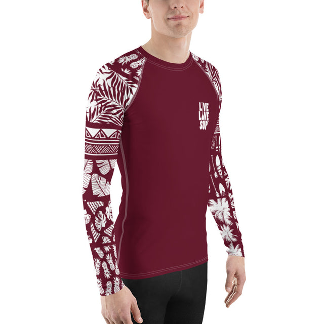 Men’s Hawaiian Lifestyle Maroon Rash Guard – UPF 40 Sun Protection | Long-Sleeve Performance Swim Shirt