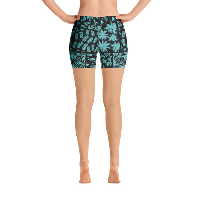 Women’s SUP Paddle Hawaiian Black Turq Shorts 4-Way Stretch Active Paddlewear