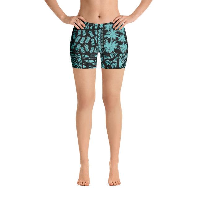 Women’s Hawaiian-style Black Turq paddle shorts in soft microfiber, four-way stretch, elastic waistband, and stitched seams perfect for SUP activity.