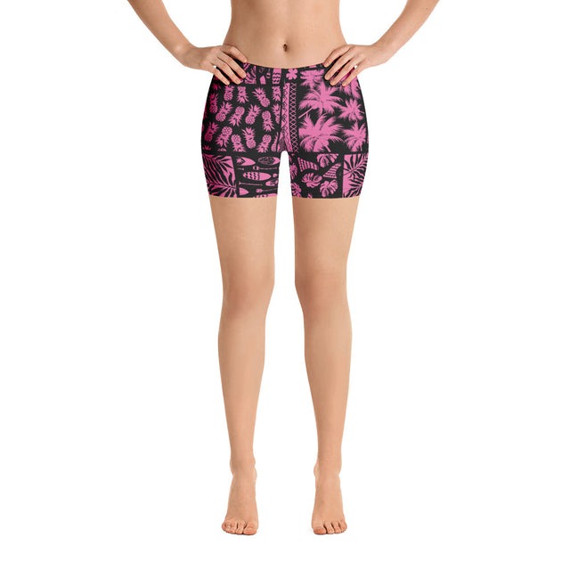 Women’s SUP Hawaiian black and pink paddle shorts in soft microfiber with four-way stretch, elastic waistband, and durable stitching perfect for paddleboard adventures.