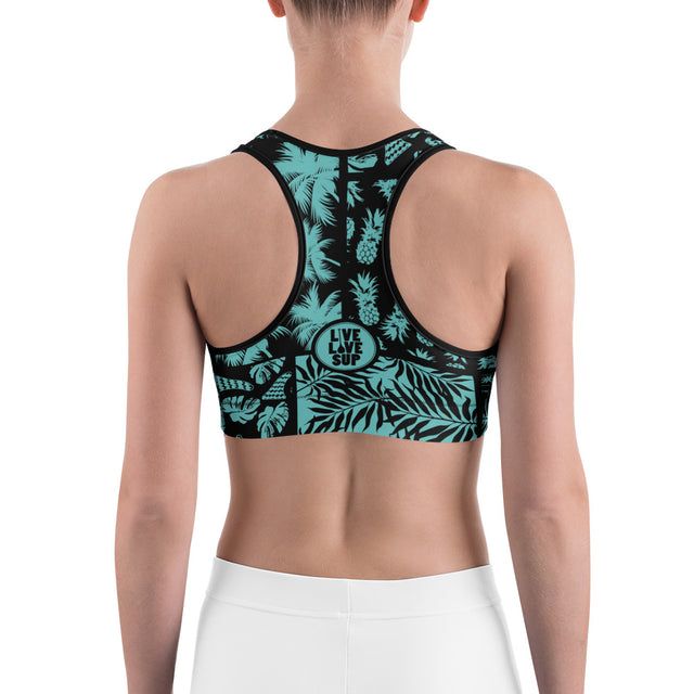 Women’s SUP Hawaiian Black & Turquoise Sports Bra – Supportive Activewear | LIVE LOVE SUP