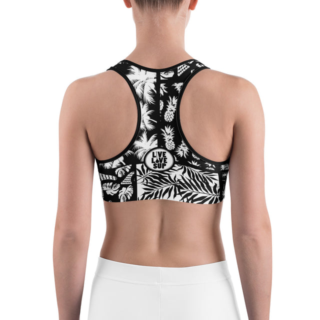 Women’s SUP Paddle Hawaiian Black & White Sports Bra – Moisture-Wicking Support | LIVE LOVE SUP
