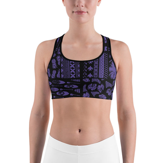 Women’s SUP Paddle Hawaiian black-and-purple sports bra 82% polyester, 18% spandex, moisture-wicking, scoop neckline, racerback, supportive design