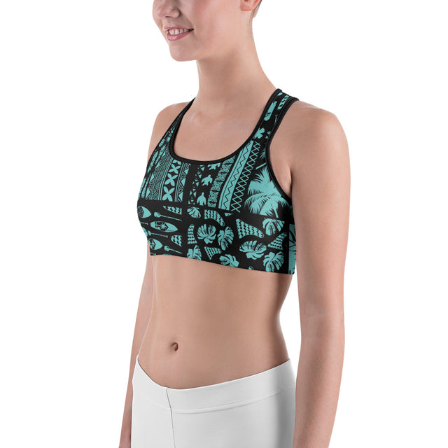 Women’s SUP Hawaiian Black & Turquoise Sports Bra – Supportive Activewear | LIVE LOVE SUP