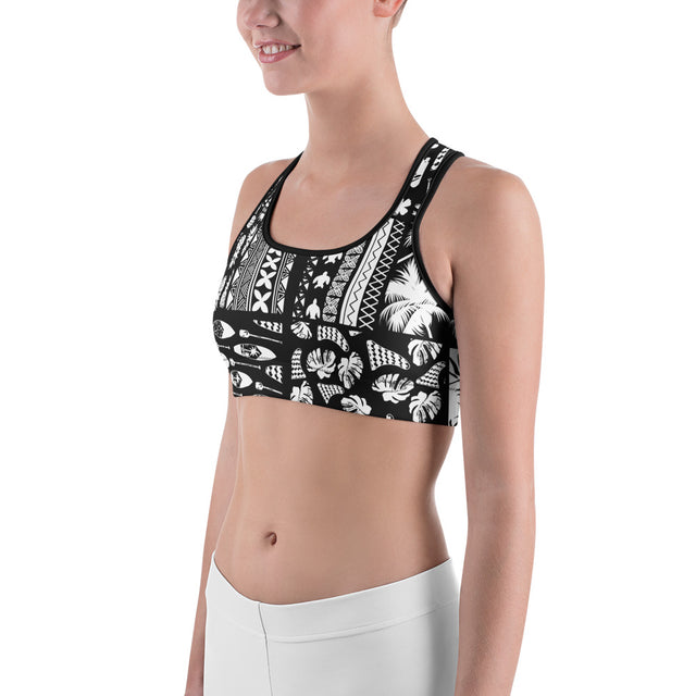 Women’s SUP Paddle Hawaiian Black & White Sports Bra – Moisture-Wicking Support | LIVE LOVE SUP