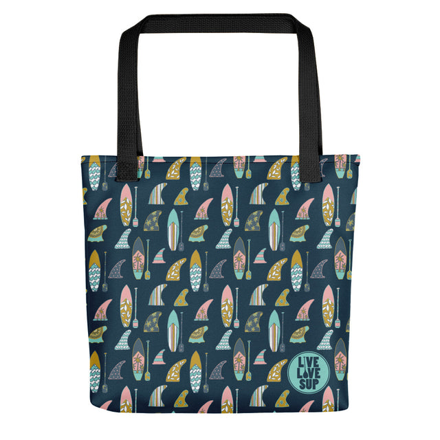 Live Love SUP Hand-Drawn Board & Paddle Navy Tote Bag – Durable Polyester Carry-All