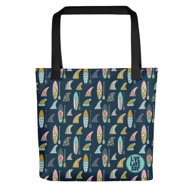 Live Love SUP navy tote bag with hand-drawn board and paddle design 100% spun polyester, dual cotton bull denim handles, 44lb capacity