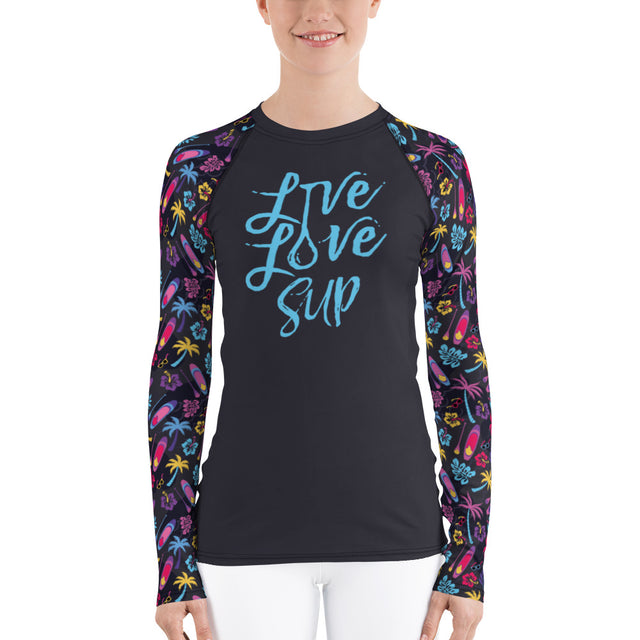 Women's Live Love SUP Board and Paddle Pattern Rashguard UPF40 Long-Sleeve Activewear