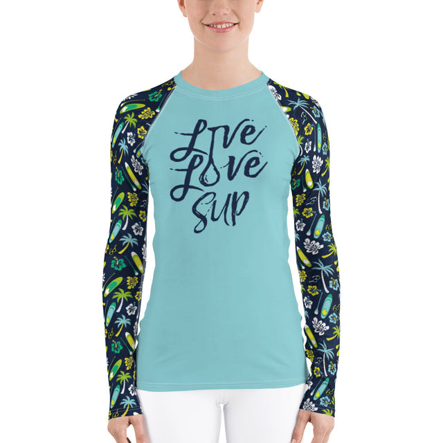 Women's Live Love SUP Board and Paddle Pattern Rashguard – UPF40 Long-Sleeve Activewear()()
