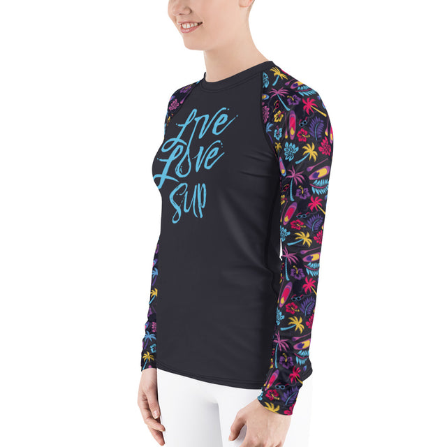 Women's Live Love SUP Board and Paddle Pattern Rashguard – UPF40 Long-Sleeve Activewear