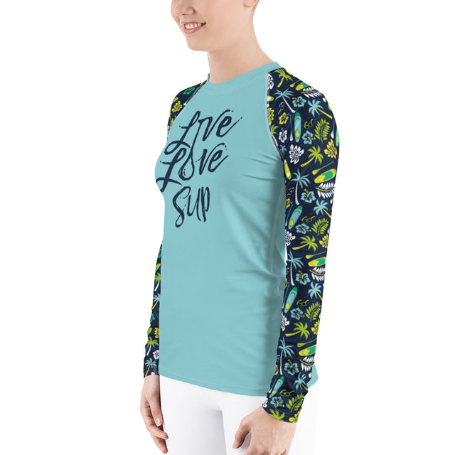 Women's Live Love SUP Board and Paddle Pattern Rashguard – UPF40 Long-Sleeve Activewear()()