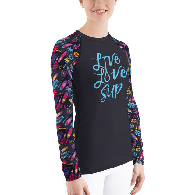 Women's Live Love SUP Board and Paddle Pattern Rashguard – UPF40 Long-Sleeve Activewear
