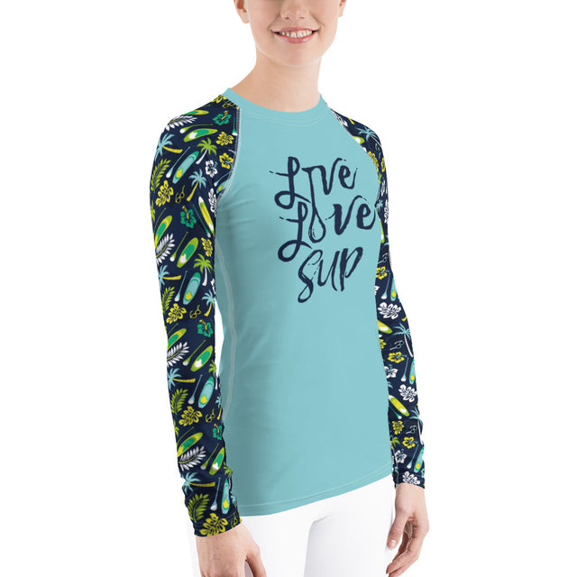 Women's Live Love SUP Board and Paddle Pattern Rashguard – UPF40 Long-Sleeve Activewear()()
