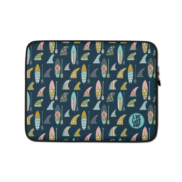 SUP Hand-Drawn Board & Paddle Navy Laptop Sleeve neoprene exterior, faux fur lining, padded zipper, available in 13" and 15" sizes