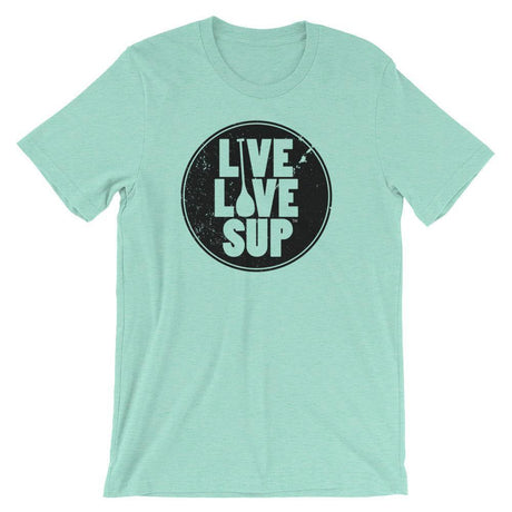 Unisex t-shirt in Heather Deep Teal (also available in Silver, Mauve, and Heather Prism Dusty Blue) featuring a vintage “Live Love SUP” logo printed near the neckline. Made from soft 100% combed cotton (heathers include polyester) with shoulder-to-shoulder taping and side seams.