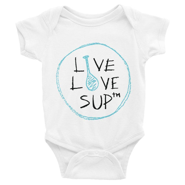 Infant onesie in white ribbed cotton featuring a blue crayon-style "SUP" logo, with lap shoulders and three-snap closure for easy changes.