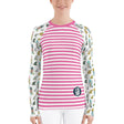Long-sleeve women’s rashguard with hand-drawn pink stripes featuring board and paddle design, ideal for SUP, offering sun protection and a fitted, flexible design.