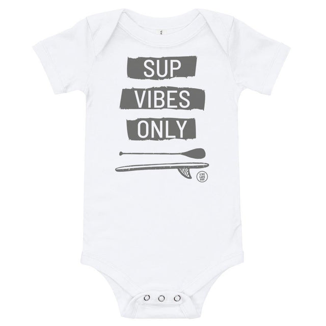 Infant onesie with “SUP Vibes Only” paddleboarding design, made from soft cotton with envelope neckline and three-snap leg closure, in athletic heather, white, or pink ideal for SUP-loving little ones.