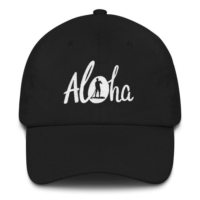 Unstructured chino cotton twill dad hat with “Aloha SUP” paddleboarding logo, curved visor and adjustable antique-buckle strap low-profile and available in Black, Navy, or White.