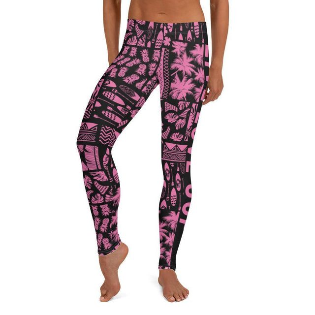 SUP Hawaiian Lifestyle Pink Paddle Surf Leggings with “Live Love SUP” logo down each leg, made from lightweight microfiber polyester/spandex with four-way stretch, UPF 40+ sun protection, and a regular elastic waistband ideal for water and land wear.
