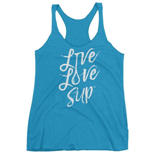 Women’s racerback tank in Vintage Turquoise (or Vintage Black, Purple, Royal Blue, Vintage Shocking Pink) with a handwritten “SUP” logo just below the collar. Made of soft tri-blend fabric, featuring a racerback cut and satin label.