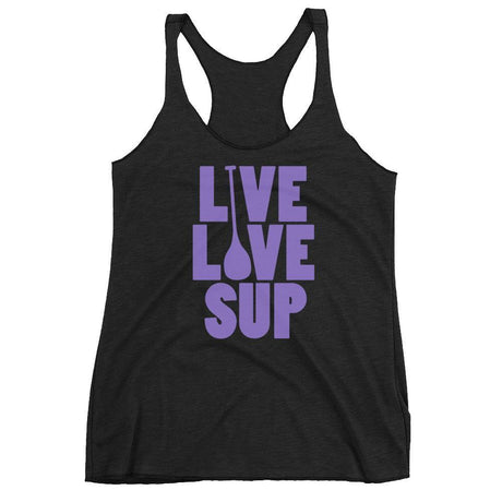Women’s vintage-black racerback tank featuring a full-front purple “Live Love SUP” logo. Crafted from a tri-blend (50% polyester / 25% cotton / 25% rayon), lightweight (4.2 oz), with raw-edge seams and a flattering racerback fit.
