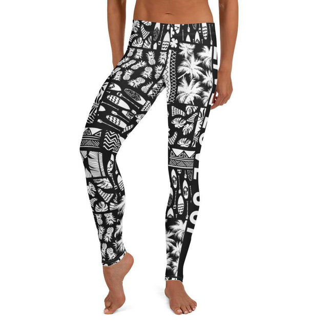 White and black Hawaiian-styled SUP surf leggings with "Live Love SUP" logo on each leg, made of soft microfiber polyester/spandex for four-way stretch and featuring UPF 40+ sun protection and a regular elastic waistband.